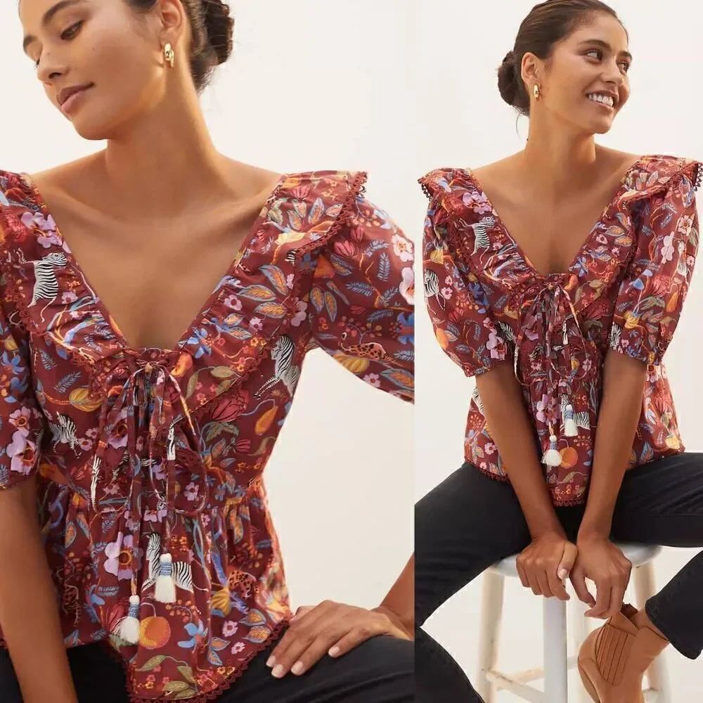 Anthropologie Maeve Ruffled Tie-Front Blouse XS NWT $108